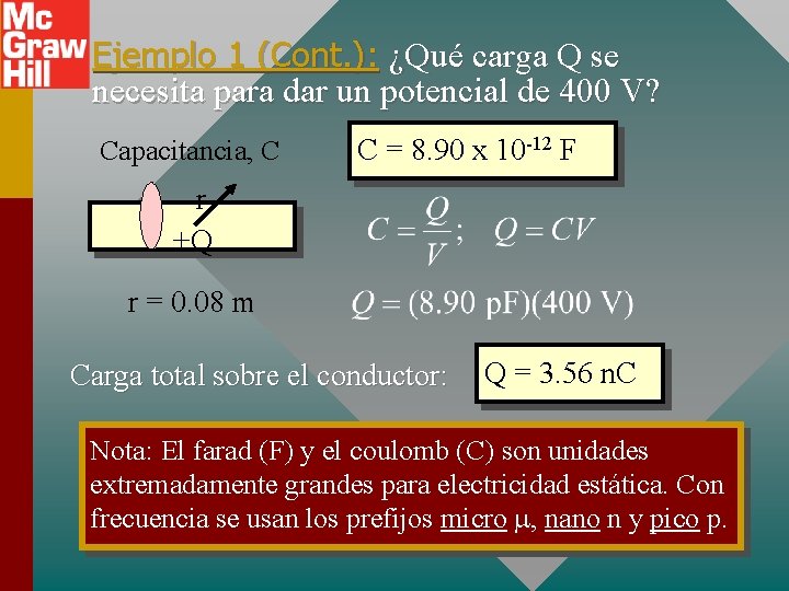 Ejemplo 1 (Cont. ): ¿Qué carga Q se necesita para dar un potencial de