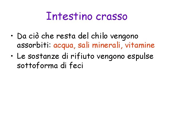 Intestino crasso • Da ciò che resta del chilo vengono assorbiti: acqua, sali minerali,