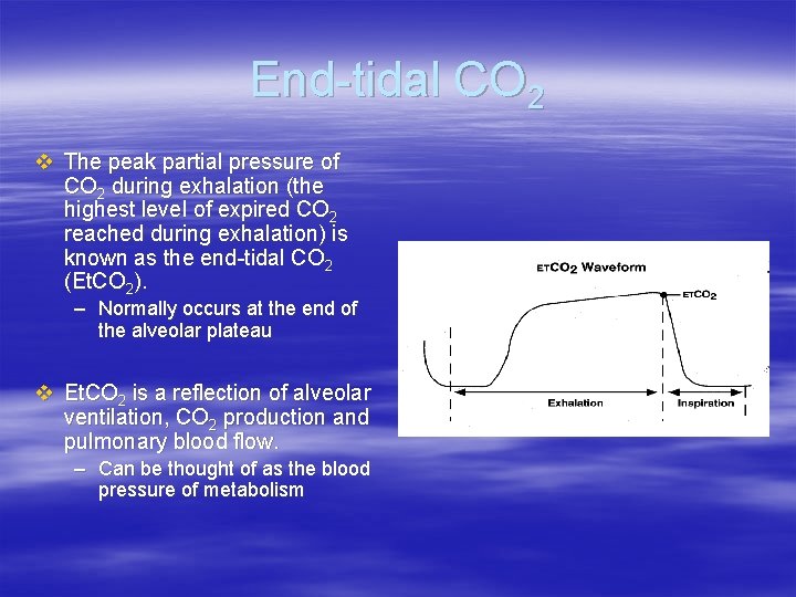 End-tidal CO 2 v The peak partial pressure of CO 2 during exhalation (the End-tidal CO 2 v The peak partial pressure of CO 2 during exhalation (the