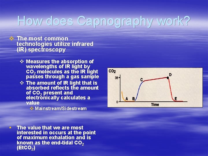 How does Capnography work? v The most common technologies utilize infrared (IR) spectroscopy v How does Capnography work? v The most common technologies utilize infrared (IR) spectroscopy v