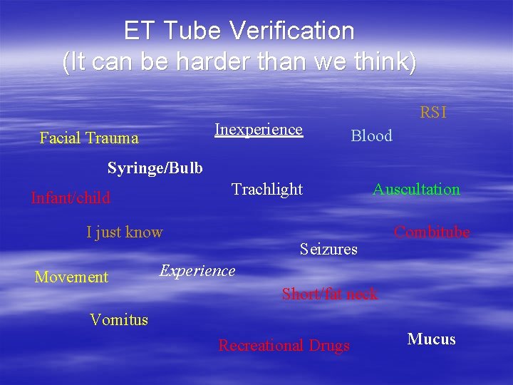 ET Tube Verification (It can be harder than we think) Inexperience Facial Trauma RSI ET Tube Verification (It can be harder than we think) Inexperience Facial Trauma RSI