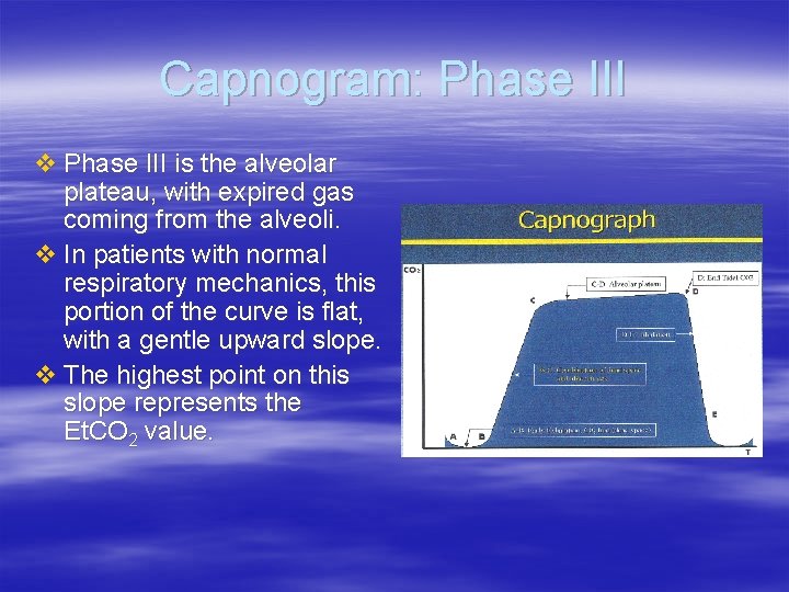 Capnogram: Phase III v Phase III is the alveolar plateau, with expired gas coming Capnogram: Phase III v Phase III is the alveolar plateau, with expired gas coming