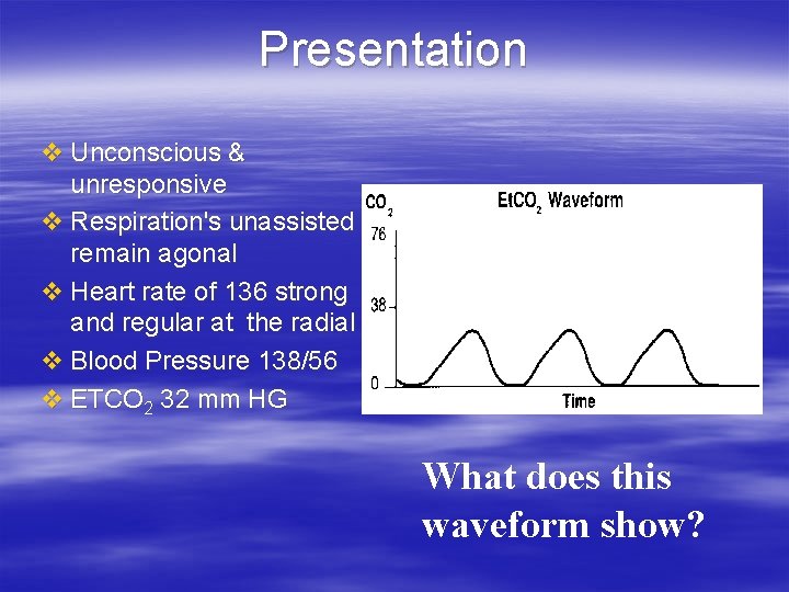 Presentation v Unconscious & unresponsive v Respiration's unassisted remain agonal v Heart rate of Presentation v Unconscious & unresponsive v Respiration's unassisted remain agonal v Heart rate of