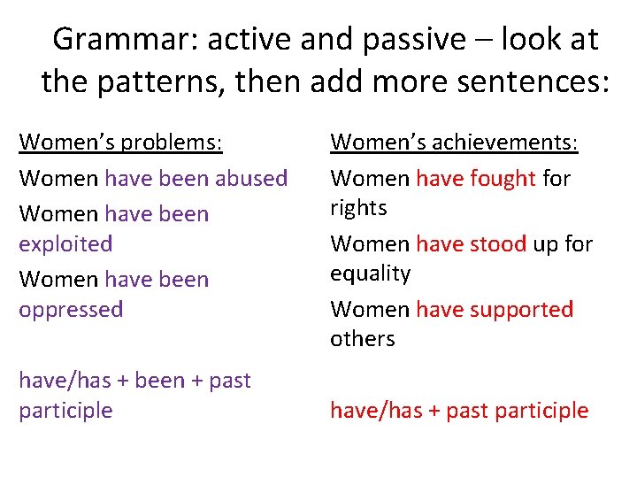 Grammar: active and passive – look at the patterns, then add more sentences: Women’s