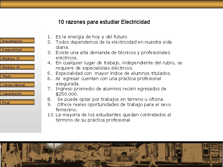 10 razones para estudiar Electricidad Presentación Especialidad Módulos 3º Módulos 4º Titulo Campo laboral