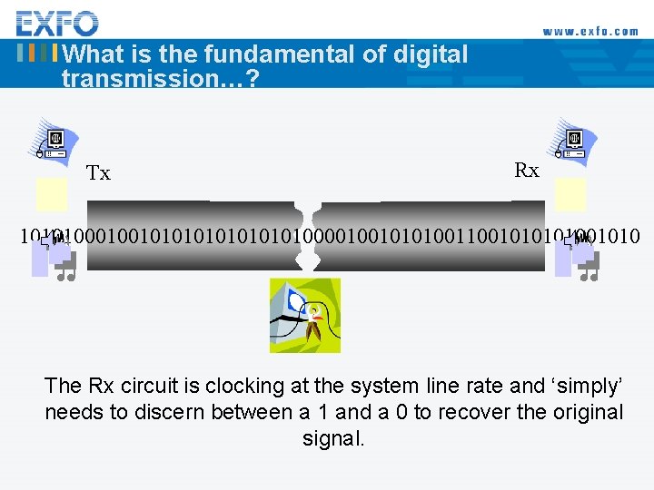 What is the fundamental of digital transmission…? Tx Rx 101010010101010000100101010010101010 The Rx circuit is