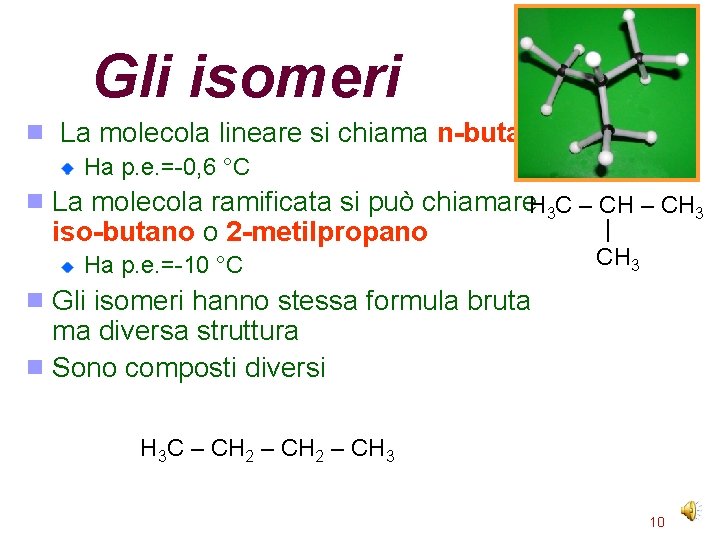 Gli isomeri La molecola lineare si chiama n-butano Ha p. e. =-0, 6 °C