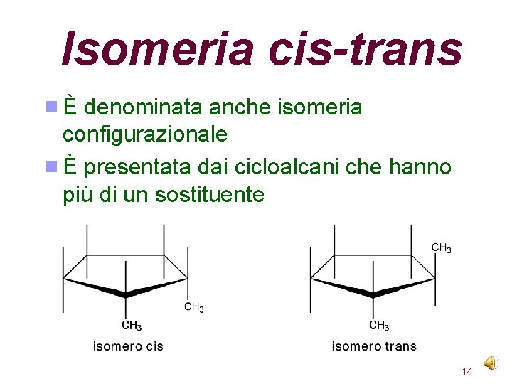 Isomeria cis-trans È denominata anche isomeria configurazionale È presentata dai cicloalcani che hanno più