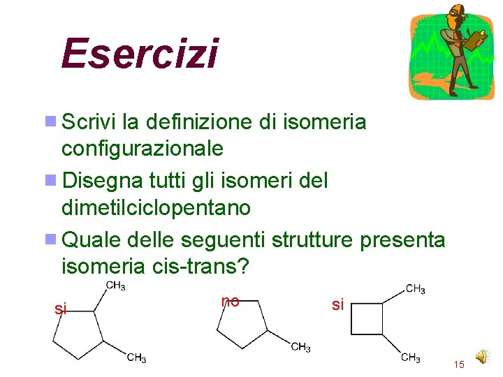 Esercizi Scrivi la definizione di isomeria configurazionale Disegna tutti gli isomeri del dimetilciclopentano Quale