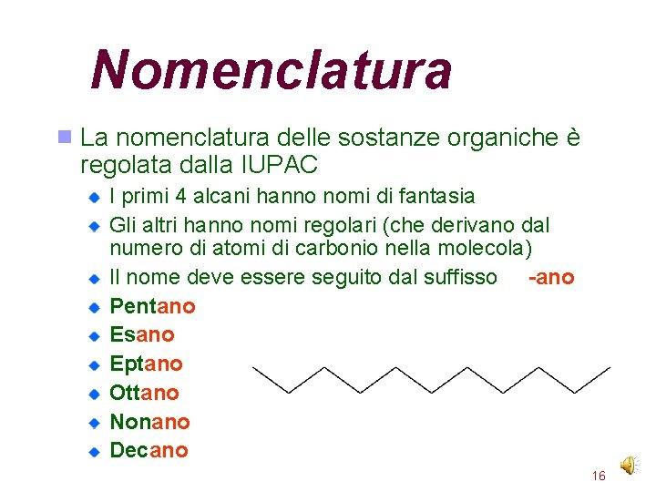 Nomenclatura La nomenclatura delle sostanze organiche è regolata dalla IUPAC I primi 4 alcani