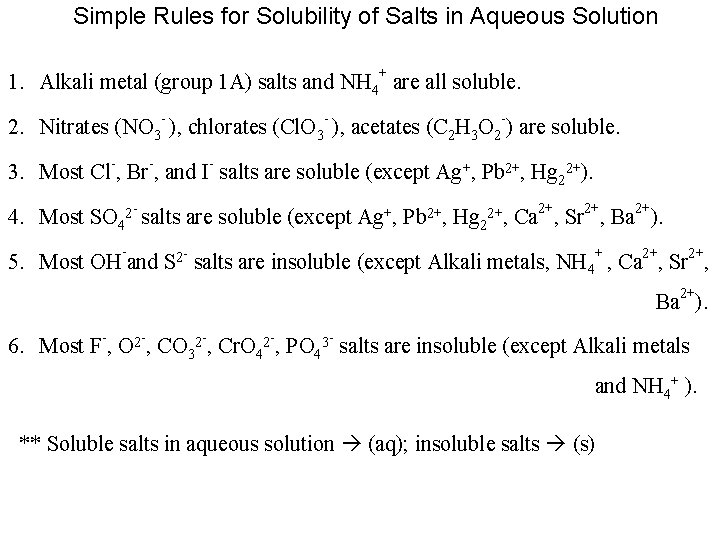 Simple Rules for Solubility of Salts in Aqueous Solution 1. Alkali metal (group 1