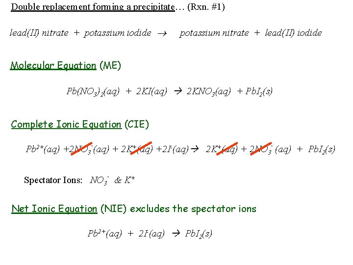 Double replacement forming a precipitate… (Rxn. #1) lead(II) nitrate + potassium iodide potassium nitrate