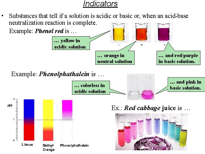 Indicators • Substances that tell if a solution is acidic or basic or, when