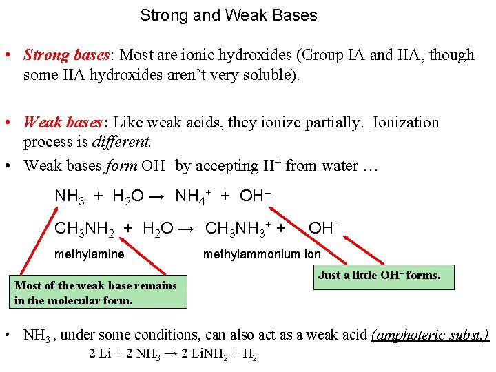 Strong and Weak Bases • Strong bases: Most are ionic hydroxides (Group IA and