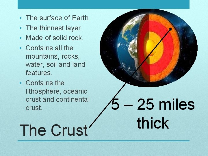  • • The surface of Earth. The thinnest layer. Made of solid rock.