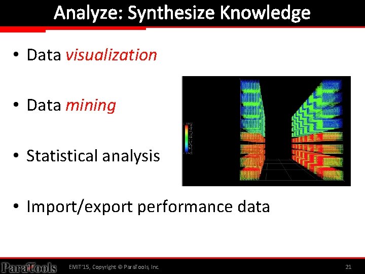 Analyze: Synthesize Knowledge • Data visualization • Data mining • Statistical analysis • Import/export