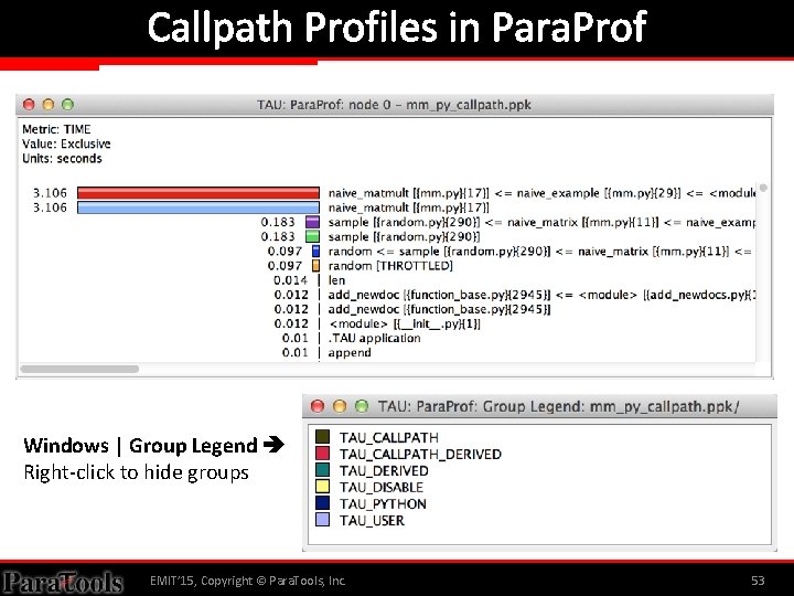 Callpath Profiles in Para. Prof Windows | Group Legend Right-click to hide groups EMIT’