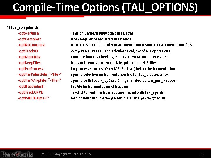 Compile-Time Options (TAU_OPTIONS) % tau_compiler. sh -opt. Verbose -opt. Comp. Inst -opt. No. Comp.