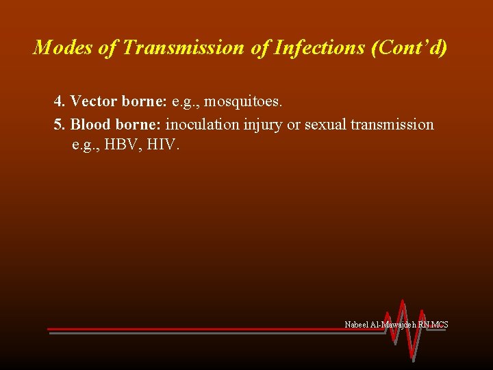 Modes of Transmission of Infections (Cont’d) 4. Vector borne: e. g. , mosquitoes. 5.