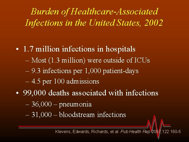 Burden of Healthcare-Associated Infections in the United States, 2002 • 1. 7 million infections