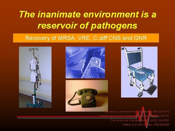 The inanimate environment is a reservoir of pathogens Recovery of MRSA, VRE, C. diff