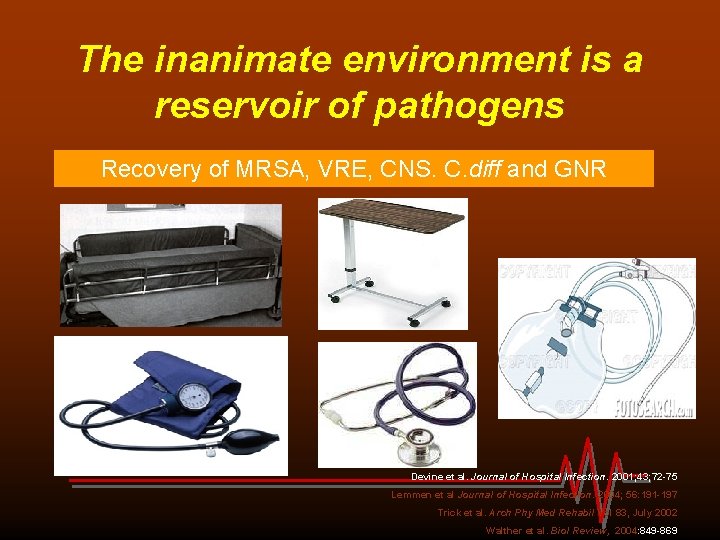 The inanimate environment is a reservoir of pathogens Recovery of MRSA, VRE, CNS. C.