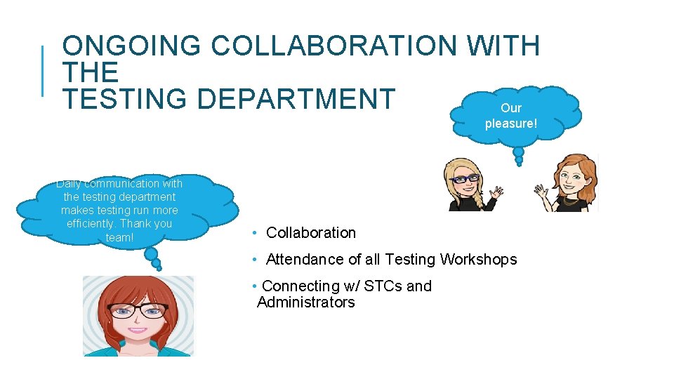 ONGOING COLLABORATION WITH THE TESTING DEPARTMENT Our pleasure! Daily communication with the testing department