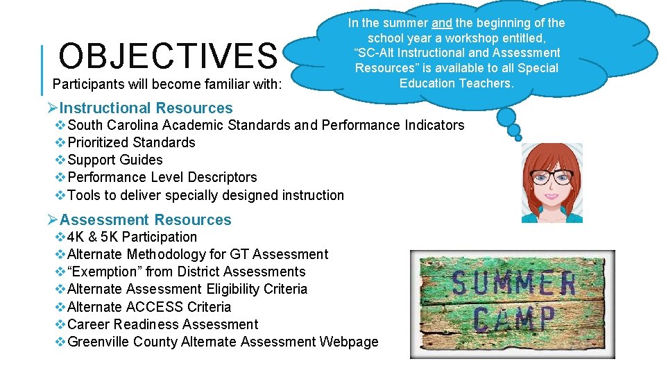 OBJECTIVES Participants will become familiar with: In the summer and the beginning of the