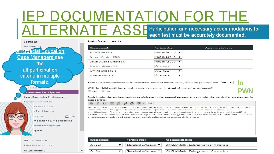 IEP DOCUMENTATION FOR THE ALTERNATE ASSESSMENTS Participation and necessary accommodations for each test must