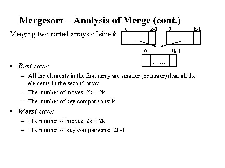 Mergesort – Analysis of Merge (cont. ) Merging two sorted arrays of size k