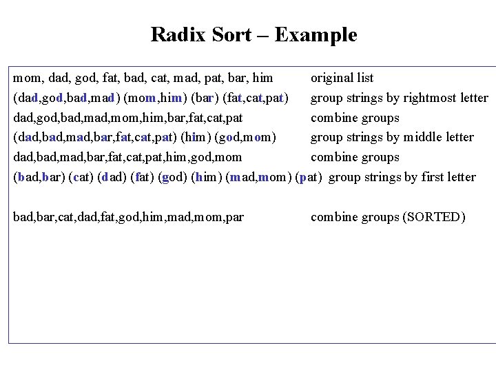 Radix Sort – Example mom, dad, god, fat, bad, cat, mad, pat, bar, him