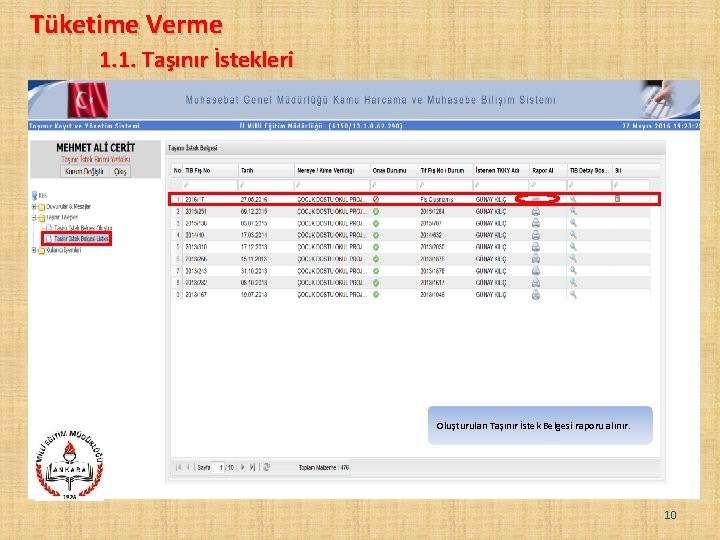 Tüketime Verme 1. 1. Taşınır İstekleri Oluşturulan Taşınır İstek Belgesi raporu alınır. 10 Tüketime Verme 1. 1. Taşınır İstekleri Oluşturulan Taşınır İstek Belgesi raporu alınır. 10