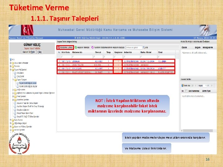 Tüketime Verme 1. 1. 1. Taşınır Talepleri NOT : İstek Yapılan Miktarın altında malzeme Tüketime Verme 1. 1. 1. Taşınır Talepleri NOT : İstek Yapılan Miktarın altında malzeme