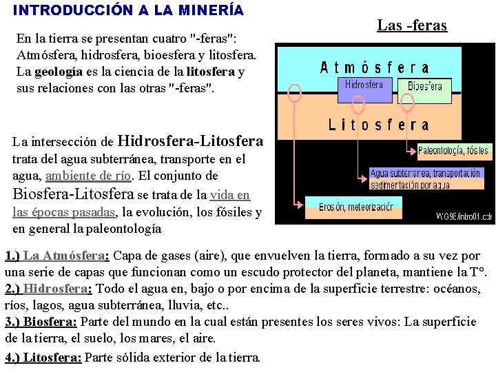 INTRODUCCIÓN A LA MINERÍA En la tierra se presentan cuatro "-feras": Atmósfera, hidrosfera, bioesfera