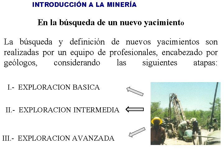 INTRODUCCIÓN A LA MINERÍA En la búsqueda de un nuevo yacimiento La búsqueda y