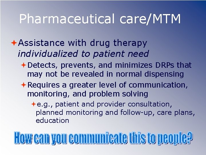 Pharmaceutical care/MTM Assistance with drug therapy individualized to patient need Detects, prevents, and minimizes