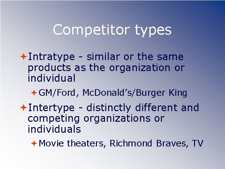 Competitor types Intratype - similar or the same products as the organization or individual