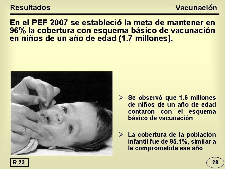 Resultados Vacunación En el PEF 2007 se estableció la meta de mantener en 96%