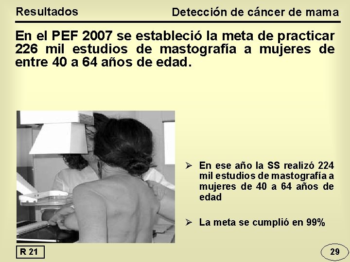 Resultados Detección de cáncer de mama En el PEF 2007 se estableció la meta