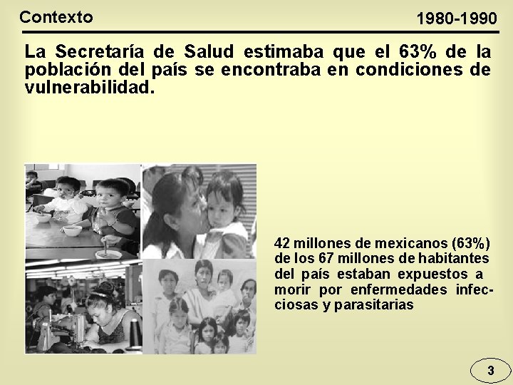 Contexto 1980 -1990 La Secretaría de Salud estimaba que el 63% de la población