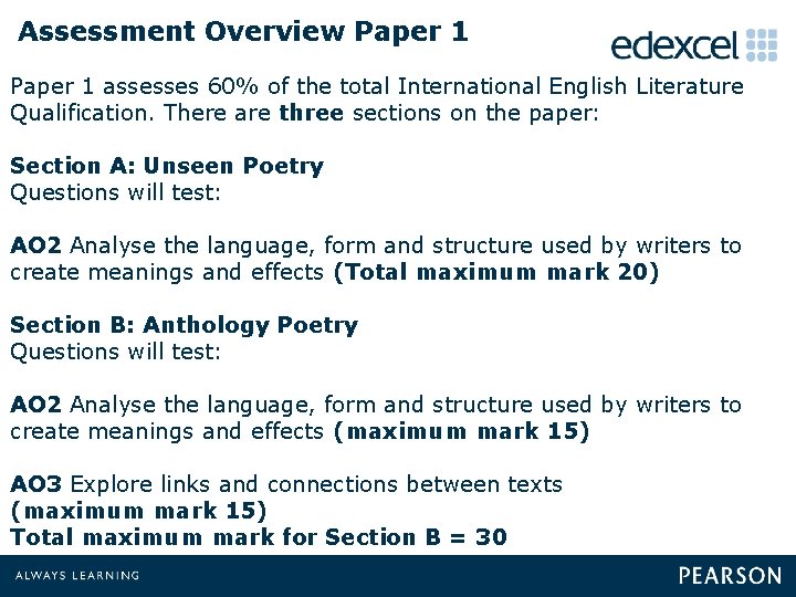 Assessment Overview Paper 1 assesses 60% of the total International English Literature Qualification. There