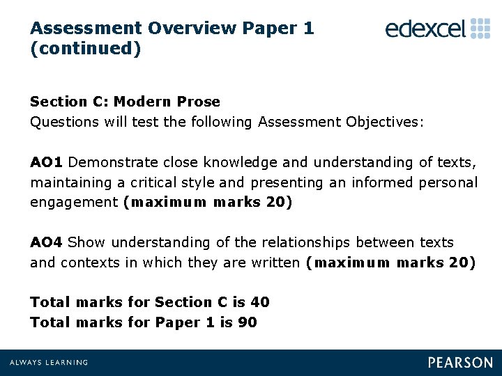 Assessment Overview Paper 1 (continued) Section C: Modern Prose Questions will test the following