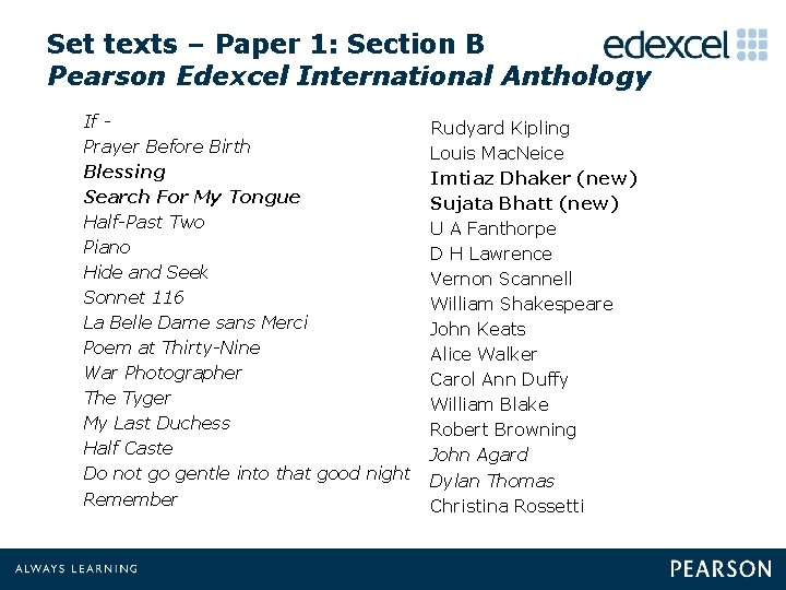 Set texts – Paper 1: Section B Pearson Edexcel International Anthology If - Rudyard