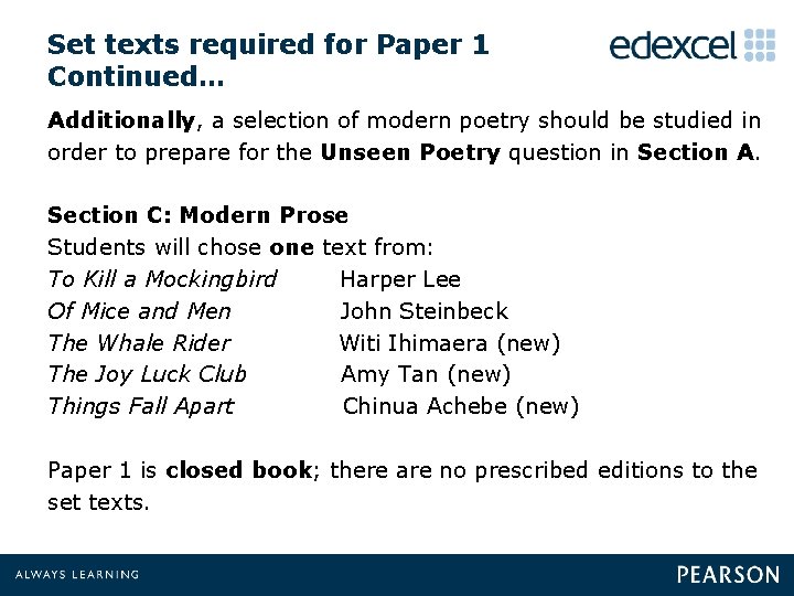 Set texts required for Paper 1 Continued… Additionally, a selection of modern poetry should