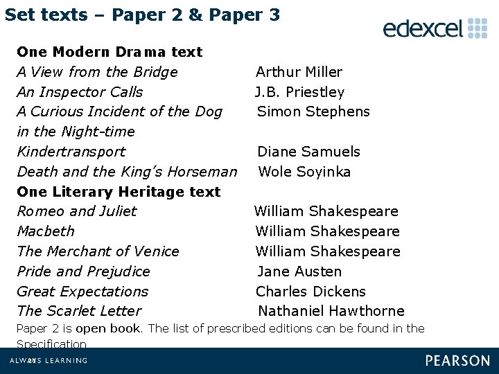 Set texts – Paper 2 & Paper 3 One Modern Drama text A View