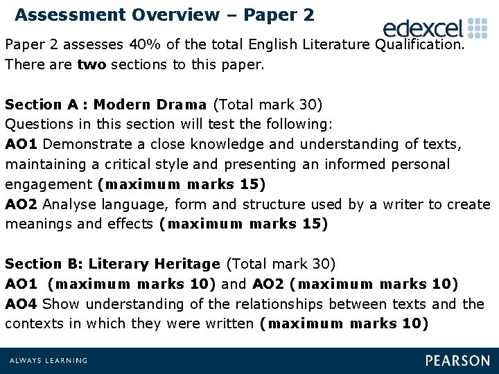 Assessment Overview – Paper 2 assesses 40% of the total English Literature Qualification. There