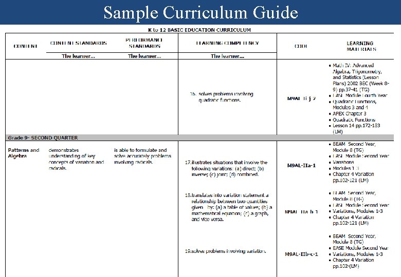 Sample Curriculum Guide 