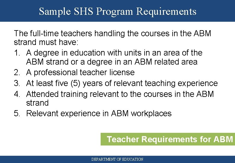 Sample SHS Program Requirements The full-time teachers handling the courses in the ABM strand