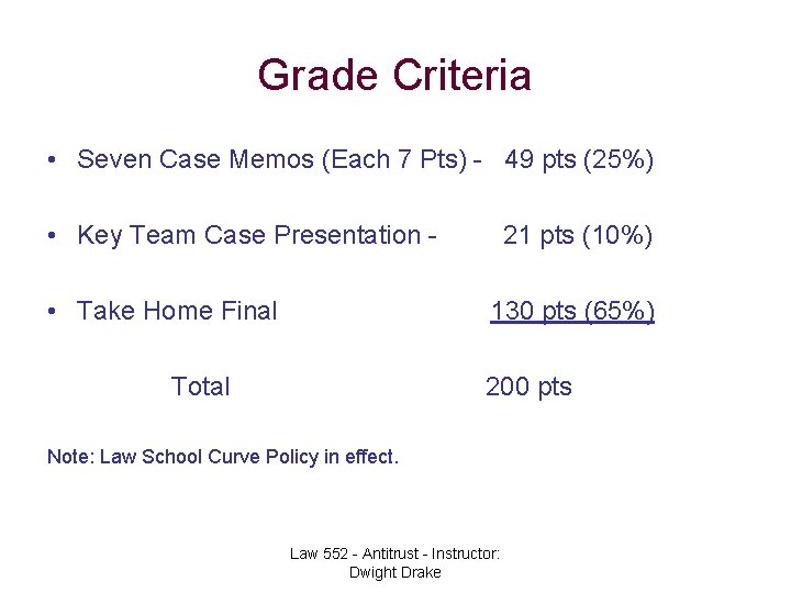 Grade Criteria • Seven Case Memos (Each 7 Pts) - 49 pts (25%) •