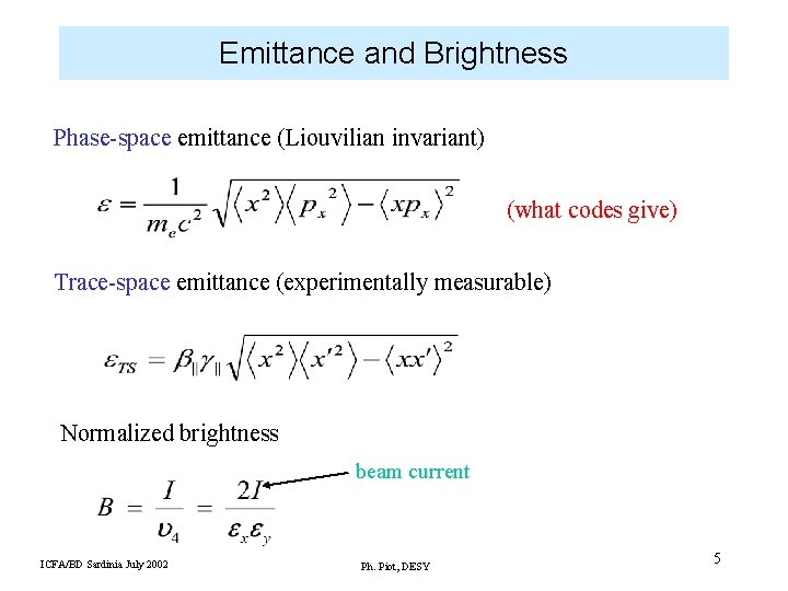 Emittance and Brightness Phase-space emittance (Liouvilian invariant) (what codes give) Trace-space emittance (experimentally measurable)